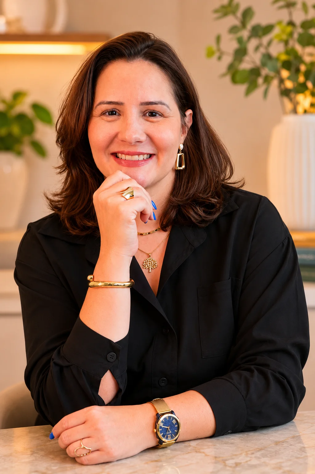 Carla Tagliari sorrindo em uma cozinha